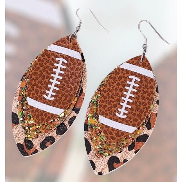 NWT 3 Layered Leather Glitter Leopard Football Print Dangle Earrings - Picture 1 of 6